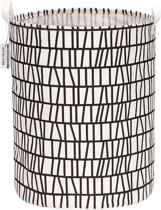Sea Team 19.7 Inches Large Sized Waterproof Coating Ramie Cotton Fabric Folding Laundry Hamper Bucket Cylindric Burlap Canvas Storage Basket with Stylish Branch Black Design