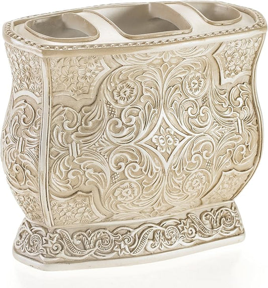 Creative Scents Victoria Beige Toothbrush Holder for Bathroom - Family Toothbrush and Toothpaste Holder - Decorative 3 Slot Toothbrush Cup Neatly Holds Multiple Toothbrushes and Toothpaste