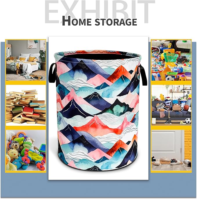 Mountains Waves Laundry Basket Colored Mountain Foldable Oxford Cloth Funny Tote Bag Laundry Hamper Clothes Storage Bucket Toy Organizer For Bathroom/Laundry Storage/Bedroom 18.9x16.5 In