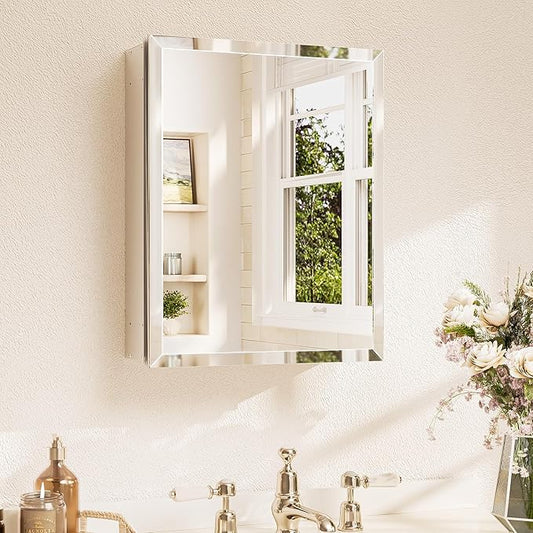 TETOTE 16 x 20 Bathroom Mirror with Storage with Tempered Beveled Mirror Silver Medicine Cabinet Aluminum Cabinet DTC Hinges, Stepless Adjustable Shelves, Recessed/Surface-Mounted