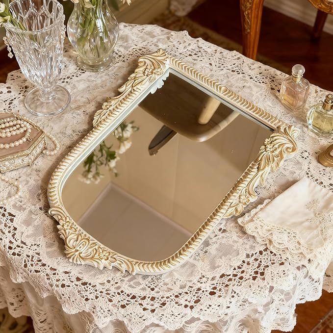 Baroque White Vintage Vanity Mirror 13x10 Inch, Wall-Mounted & Tabletop Dual-Use, Ornate Gold Accent Retro Decorative Mirror for Bedroom Dresser, Bathroom, Living Room and Dorm
