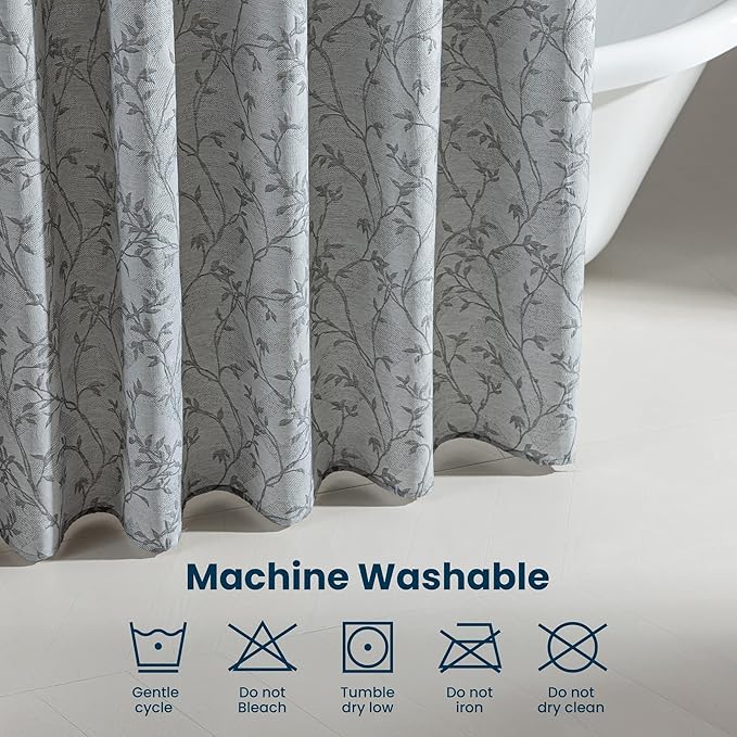 SLEEP ZONE Farmhouse Jacquard Shower Curtain, Textured Fabric Shower Curtains Leaf Curtain for Modern Home Decorations Bathroom, 72" × 98" Grey Leaf