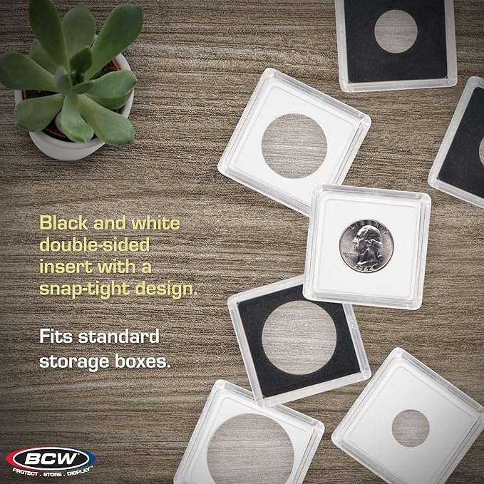 BCW 2x2 Snap Holder - 25 ct Quarter Case | Archival Safe Protector | Crystal Clear Polystyrene Display Box | Ideal for US Washington Quarters | Collectors Holder