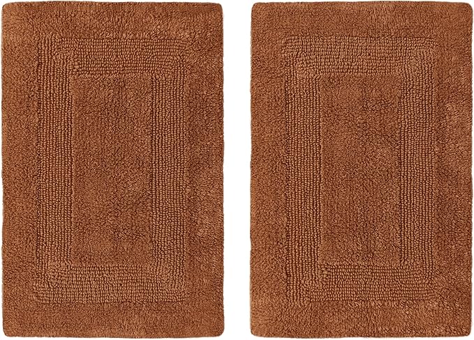 COTTON CRAFT Luxurious Bathmat Rug - Set of 2 Reversible Heavyweight Step Out Bath Mats for Bathroom Floor, Tub and Shower - Pure Cotton Soft Plush Absorbent Tufted Racetrack Mat - 17x24 - Mocha