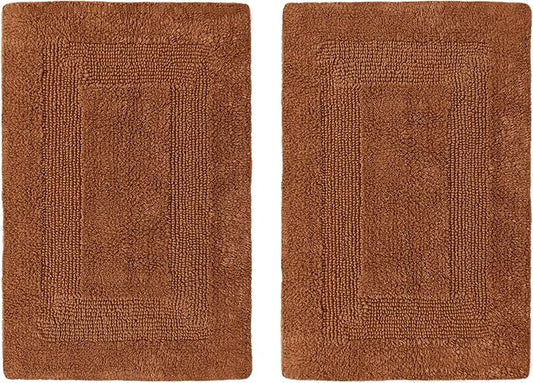 COTTON CRAFT Luxurious Bathmat Rug - Set of 2 Reversible Heavyweight Step Out Bath Mats for Bathroom Floor, Tub and Shower - Pure Cotton Soft Plush Absorbent Tufted Racetrack Mat - 17x24 - Mocha