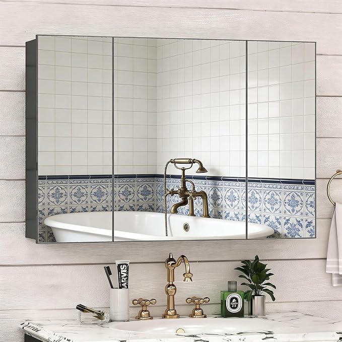 24x40 Inch Bathroom Medicine Cabinet with Mirror, Pre-Assembled Bathroom Medicine Cabinets, Surface/Recessed Wall Mounted Farmhouse Large Medicine Cabinet, Black