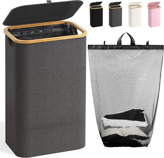 100L Laundry Hamper with Lid, Large Laundry Basket with Bamboo Handles, Clothes Hampers for Laundry with Removable Bag, Dirty Clothes Hampers for Bedroom Aesthetic, Grey
