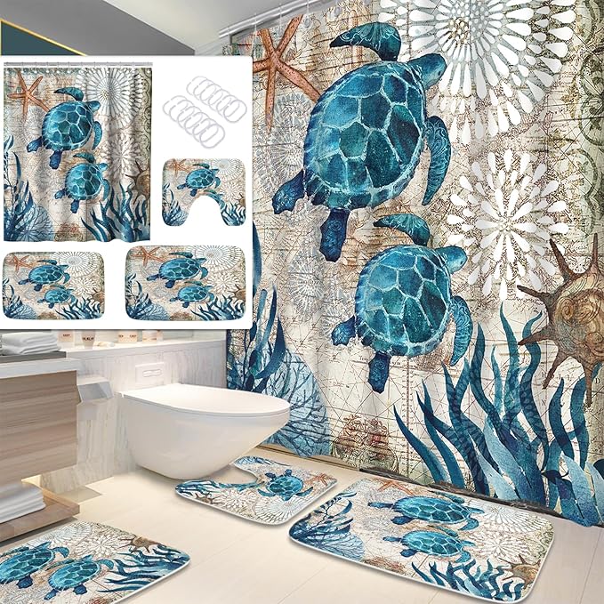 Sea Turtles Nautical Ocean Beach Bathroom Sets with Starfish Coral Shower Curtain and 20 x 31 Rugs Bathroom Accessories Sets Decor with Bath Rug, Bath Mat, U-Shaped Contour and Hooks 72 x 72 Inch