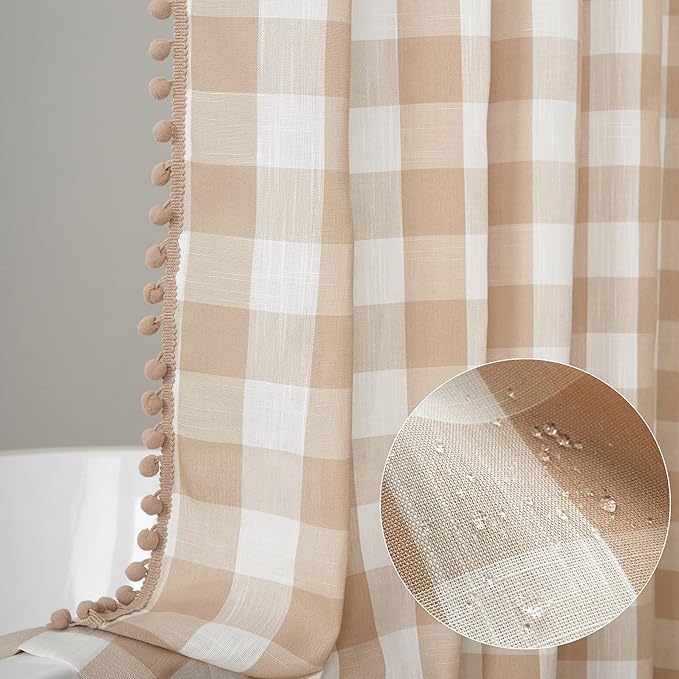 VOILYBIRD Tan and White Buffalo Plaid Boho Shower Curtain for Bathroom 72” x 72”