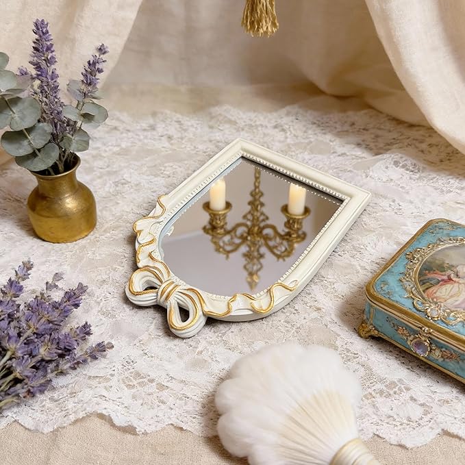Vintage Carved Resin Desk Mirror - 8x6Inch Decorative Vanity Mirror for Makeup, Dorm, Bedroom & Tabletop Deco