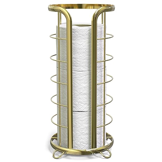 BROOKSTONE Toilet Paper Holder Stand Reserve - Free Standing Toilet Paper Stand with Storage that Holds Mega Rolls, Standing Bathroom Tissue Organizer, Bathroom Decor - Modern Storage Holder, Gold
