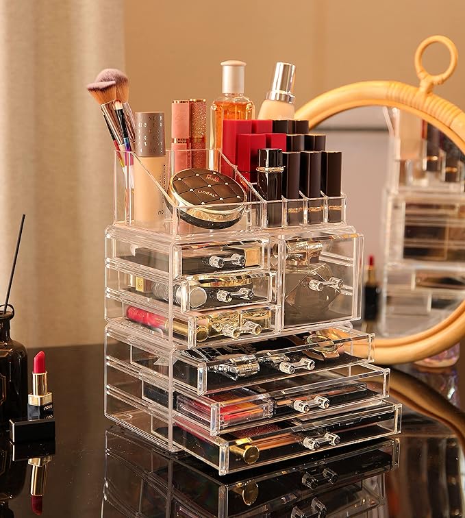 Cq acrylic 3 Pack Clear Make up Organizer Countertop,Stackable 7 Drawers Makeup Storage,Cute Vanity Organizers for dresser Hair Clip,Jewelry,Beauty Product Desk and Bathroom Organizers and Storage
