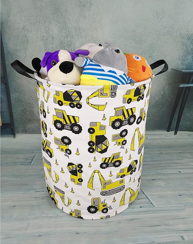 KUNRO Round Laundry Gift Basket Storage Hamper, Clothes Storage Organizer Bins, Shelf Basket with Handles for Room Decor (Excavator)