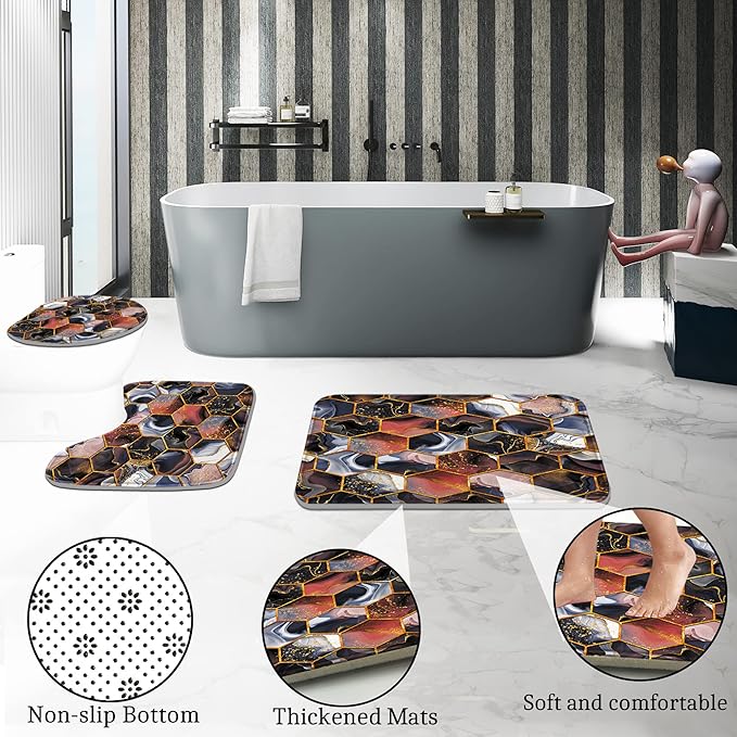 Poedist 4 Pcs Bathroom Shower Curtain Set,Purple Honeycomb Marble Bathroom Sets with Rugs(Bath Mat,U Shape and Toilet Lid Cover Mat) and 12 Durable Hooks