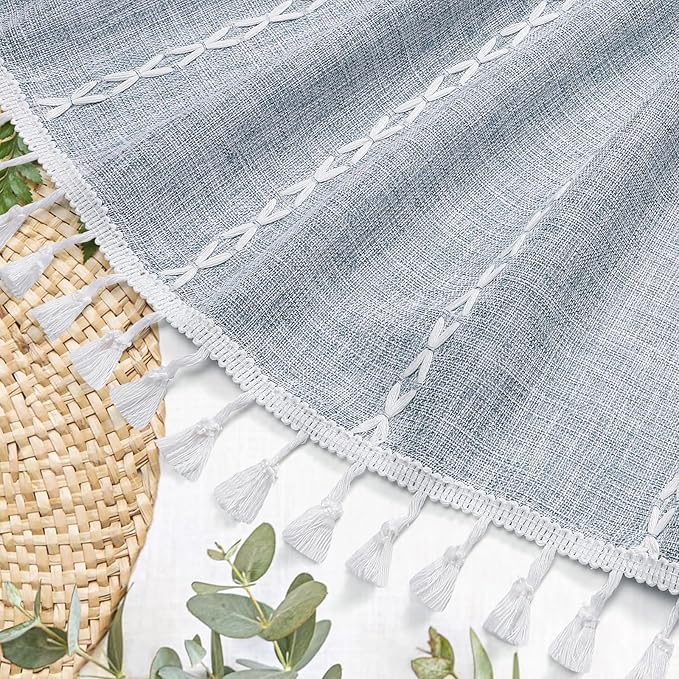 MitoVilla Blue Boho Fabric Shower Curtain, Modern Farmhouse Polyester Linen Shower Curtains for Vintage Rustic Bathroom Decor, Country Tassel Thick Cloth Shower Curtain, 72 x 72