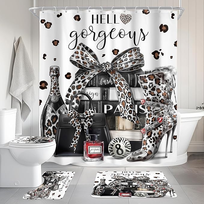 Cinbloo 4Pcs White Black Leopard Shower Curtain Set,Cheetah Fashion Luxury Magazine Books Perfume High Heels Bathroom Curtain with Rug, Toilet Lid Cover, Bath Mat,Girls Shower Curtain with 12 Hooks