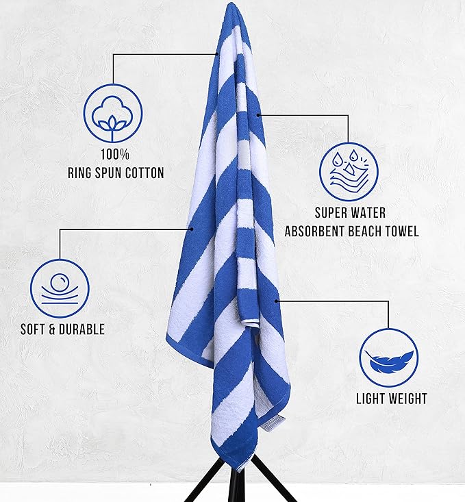 Utopia Towels Pack of 4 Cabana Beach Towels, Oversized 30 x 60 Inches Cotton Beach Towel Set, Smooth Ring Spun Texture for Pool and Swim Days, Modern Striped Design Bath Towels