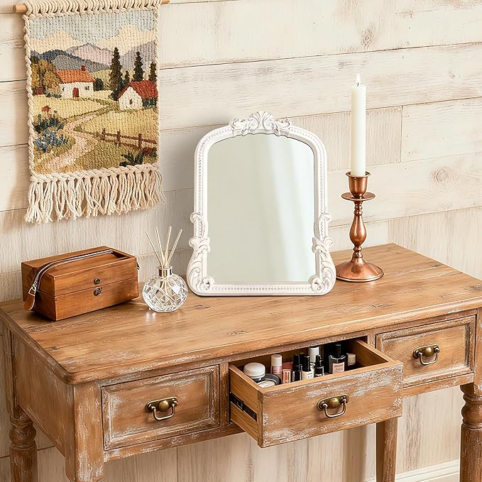 Small White Vanity Desk Mirror Vintage Mirror Arched Farmhouse Chic Table Baroque Wall Mirror for Living Room Tabletop Bedroom Dresser Countertop 9.6x12.3