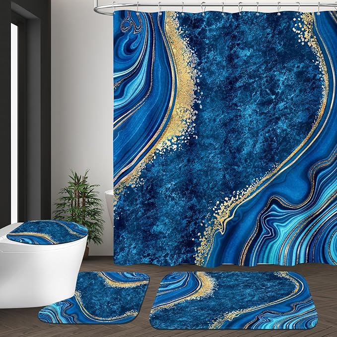 4PCS Blue Gold Marble Bathroom Sets with Shower Curtain and Rugs, Abstract Shower Curtain Sets with Rugs, Modern Bathroom Curtains Shower Set with Toilet Lid Cover Accessories