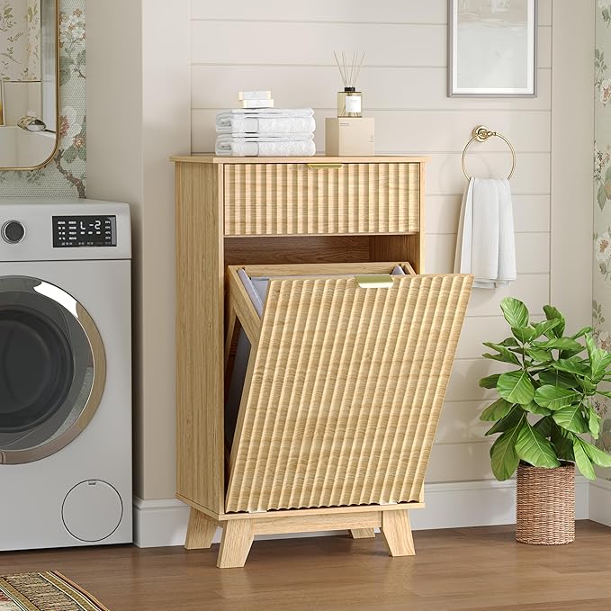 Wodeer Tilt Out Laundry Hamper Cabinet with Storage and Drawer, 10 Gallon Fluted Hidden Trash Can Cabinet, Farmhouse Wood Laundry Basket Cabinets for Bathroom, Kitchen, Natural Oak