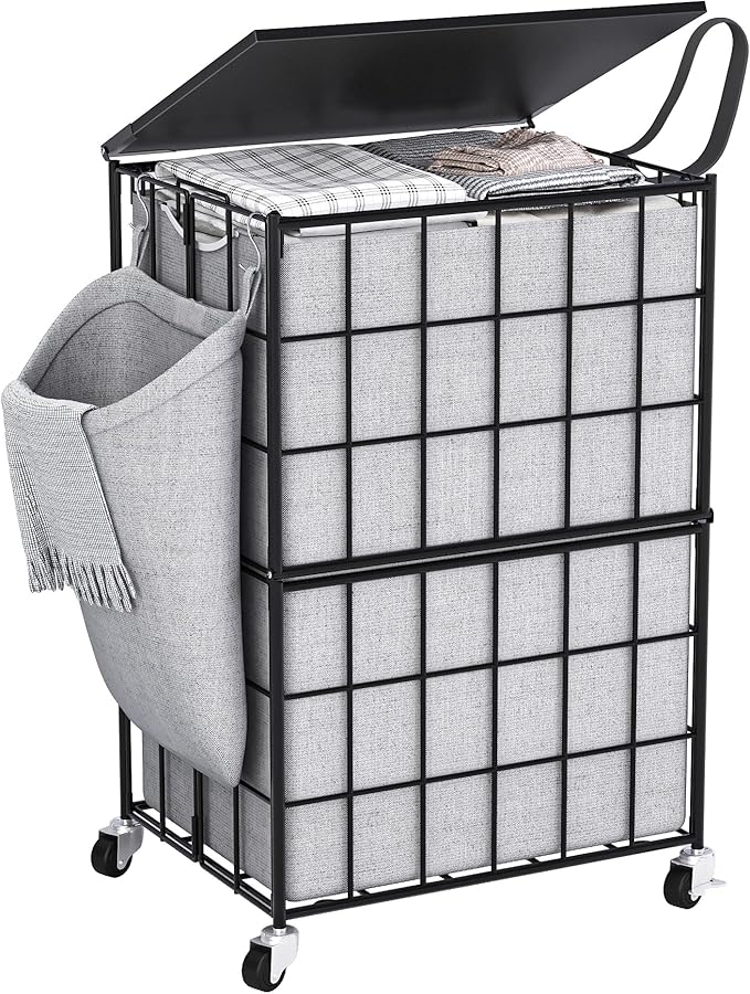 90L Laundry Basket with Wheels, Large Capacity Laundry Hamper with Removable Liner Bags, Heavy Duty Laundry Sorter with Solid Wood Lid & Leather Handles, Grey