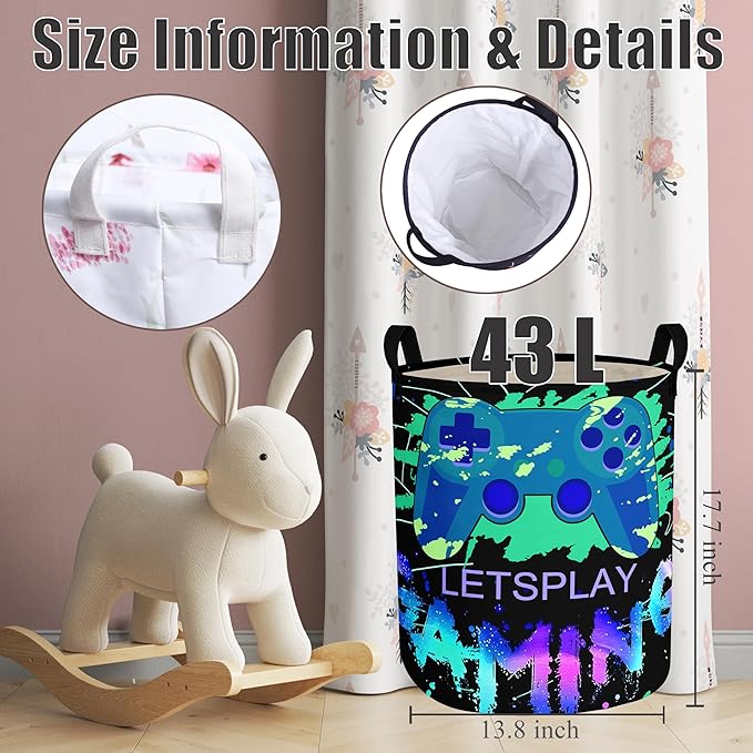 Gaming Laundry Basket with Lining Foldable Kids Laundry Hamper Light weight Clothes Storage Basket Gamepad Waterproof Room Toy Organizer Boys Girls Gift Bin for Decor (Thicken-Green gamepad, 43L)