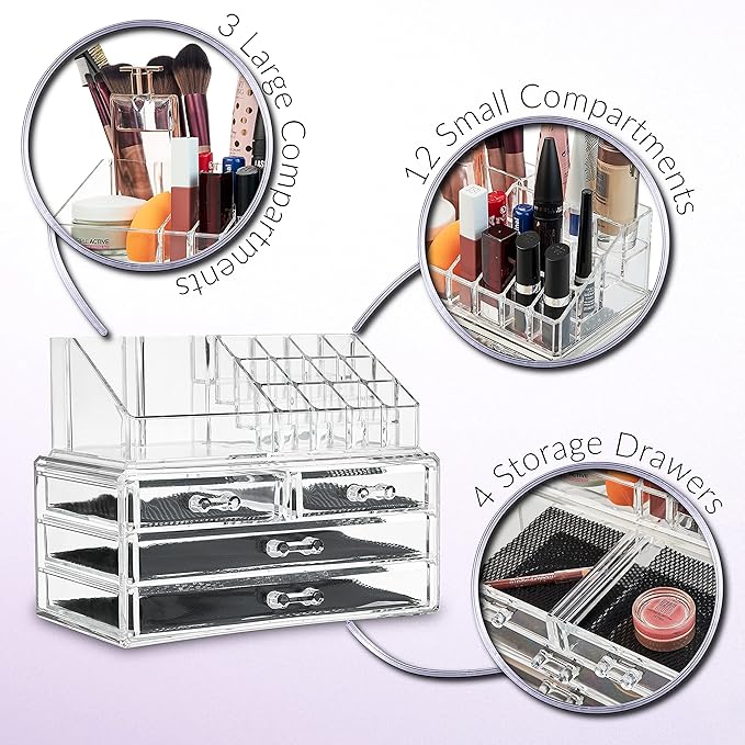 DECO EXPRESS Makeup Organiser for Women Teenagers Acrylic Drawers Makeup Storage 12cm x 24cm x 22cm Clear Bathroom Bedroom Dressing Table Organiser Jewelry Beauty Skincare 4 Tier Cosmetic Storage Box