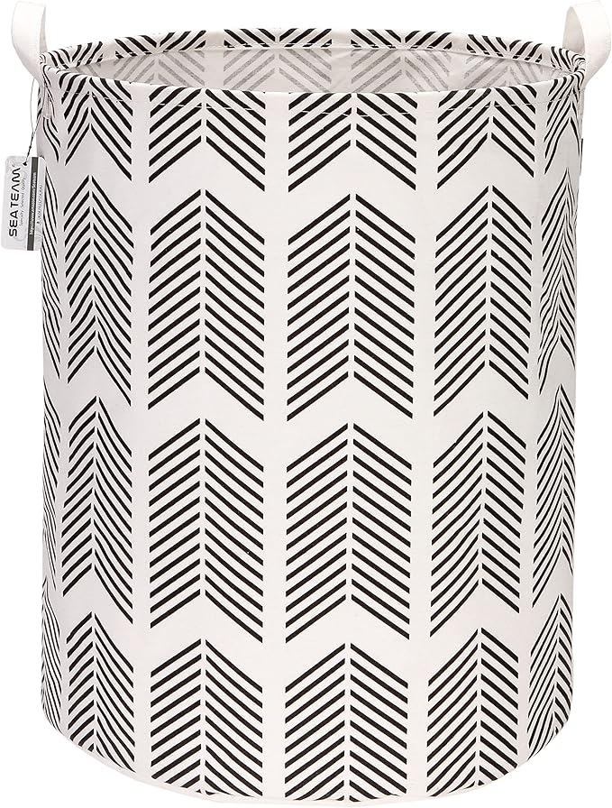 Sea Team 19.7 Inches Large Sized Waterproof Coating Ramie Cotton Fabric Folding Laundry Hamper Bucket Cylindric Burlap Canvas Storage Basket with Stylish Fishbone Black Design