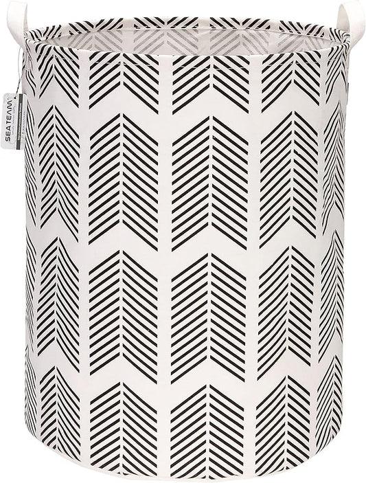 Sea Team 19.7 Inches Large Sized Waterproof Coating Ramie Cotton Fabric Folding Laundry Hamper Bucket Cylindric Burlap Canvas Storage Basket with Stylish Fishbone Black Design
