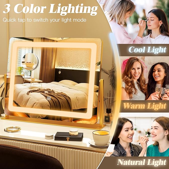 17" x22" Vanity Mirror with Light, LED Makeup Mirror with Lights, 10X Magnification Mirror Makeup with 360°Rotation, 3 Color Modes ＆ Dimmable, Light up Makeup Mirror for Vanity Desk, Travel, Gold