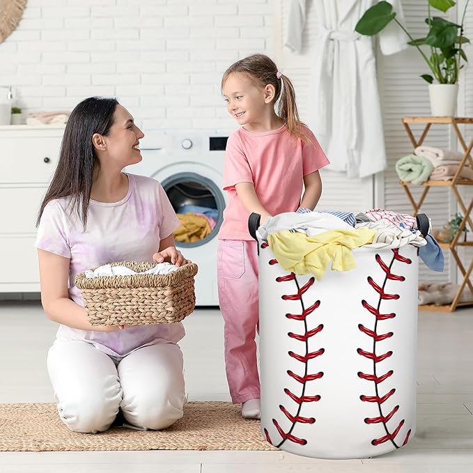 Baseball Laundry Basket, Collapsible Waterproof Oxford Cloth Laundry Hamper, Funny Round Kids Toys Storage Basket as Room Decor, Dirty Clothes Hamper for Bedroom Bathroom Dorm