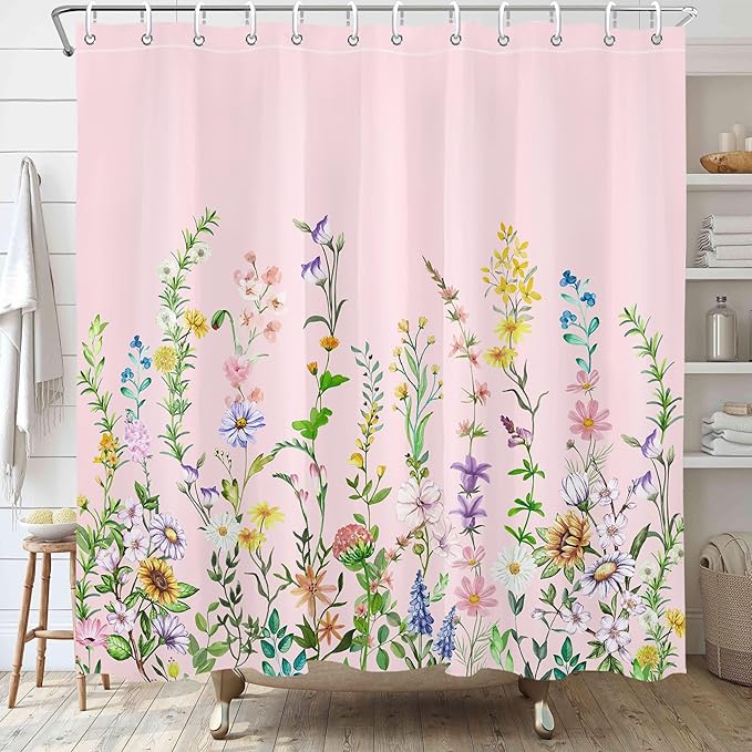 Pink Floral Flower Shower Curtain Pretty Wildflower Bathroom Shower Curtain Set Boho Cute Shower Curtains Cloth Fabric Shower Curtain