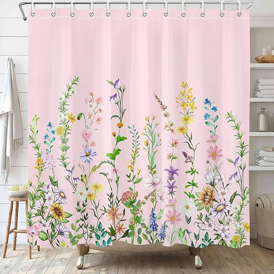 Pink Floral Flower Shower Curtain Pretty Wildflower Bathroom Shower Curtain Set Boho Cute Shower Curtains Cloth Fabric Shower Curtain