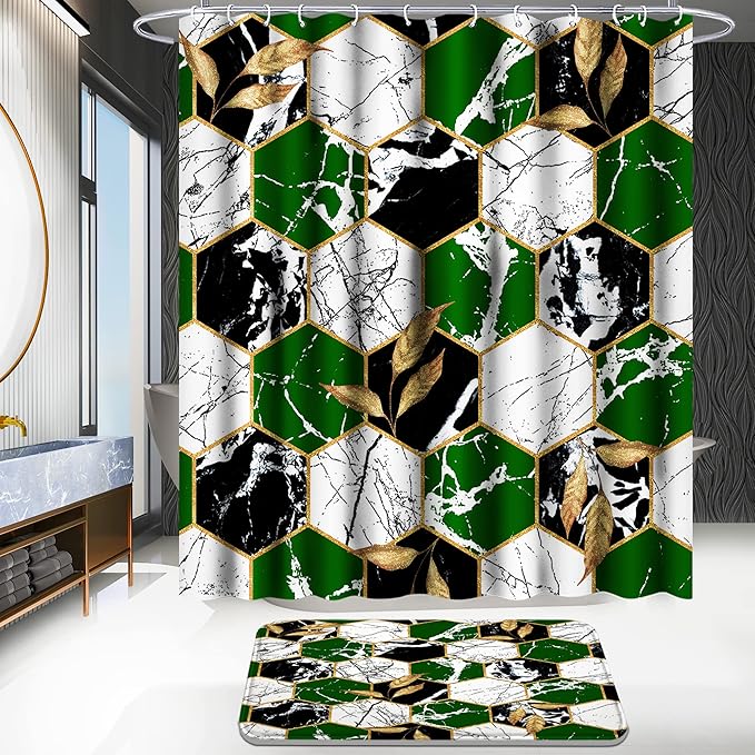Poedist Shower Curtain Set with Rugs,Bathroom Accessory Set, Including Non-Slip Rugs,Toilet Lid Cover and Bath Mat, Waterproof Shower Curtain with 12 Hooks,Green and White Honeycomb Marble