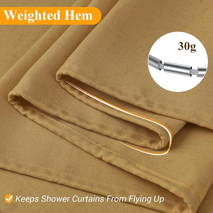 Naturoom Gold Linen Shower Curtains 84 Inches Long, Tall Country Boho Farmhouse Shower Curtains for Bathroom Natural Cloth Weighted Fabric Bath Curtains Liner with Hooks, 72x84