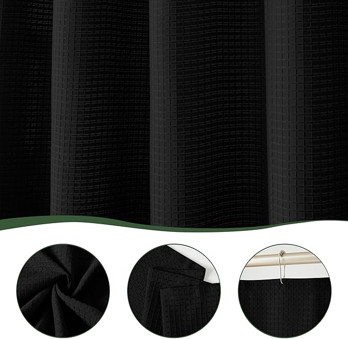 Luxury Waffle Weave Shower Curtain Elegant Hotel Style Fabric for Bathroom, Water Repellent, Machine Washable Black Waffle