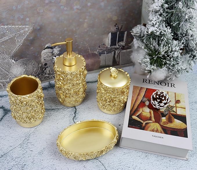 Hymmah Gold Bathroom Accessories Set,Rose Design Bathroom Set,Farmhouse Bathroom Decor,4 Pcs Resin Gift Set Apartment Necessities, Contain Cotton Swab Jar,Soap Dispenser,Soap Dish,Tumbler White