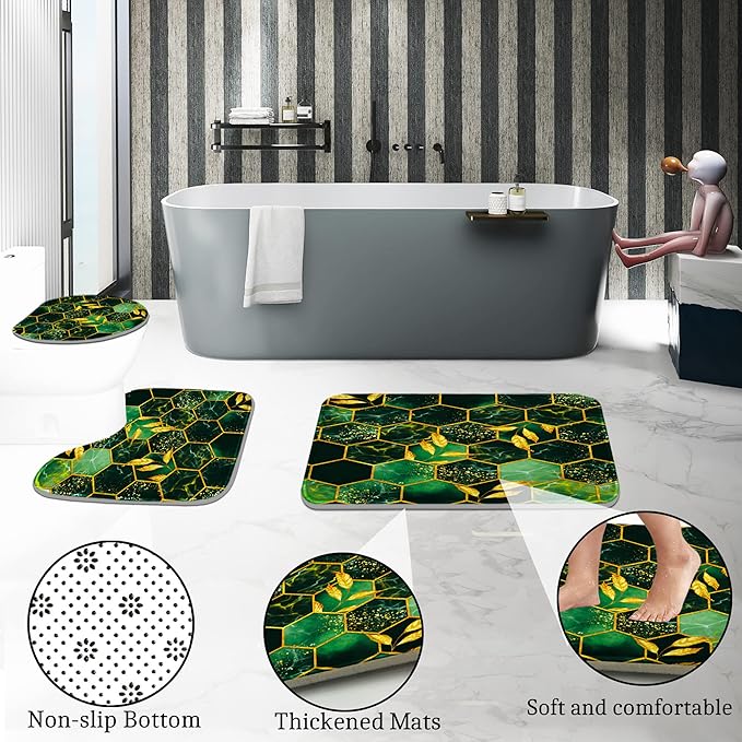 Poedist 4 Pcs Bathroom Shower Curtain Set,Green Honeycomb Marble Bathroom Sets with Rugs(Bath Mat,U Shape and Toilet Lid Cover Mat) and 12 Durable Hooks