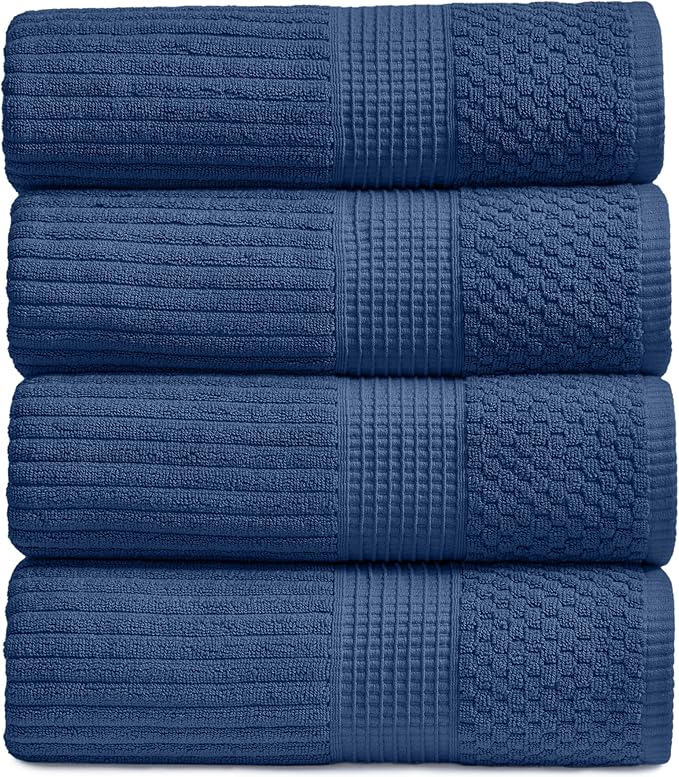 Springtree Home 100% Cotton Bath Towel Set of 4 | Super Soft & Absorbent with Quick-Dry Fibers | 4 Bath Towels | Textured and Durable Cotton | Krista Collection - Navy
