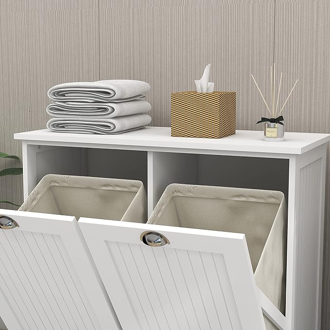 Locsear Tilt Out Laundry Hamper Cabinet with Removable Basket, Double Hidden Laundry Hamper, Wood Bathroom Storage, Free Standing Home Organizer, White