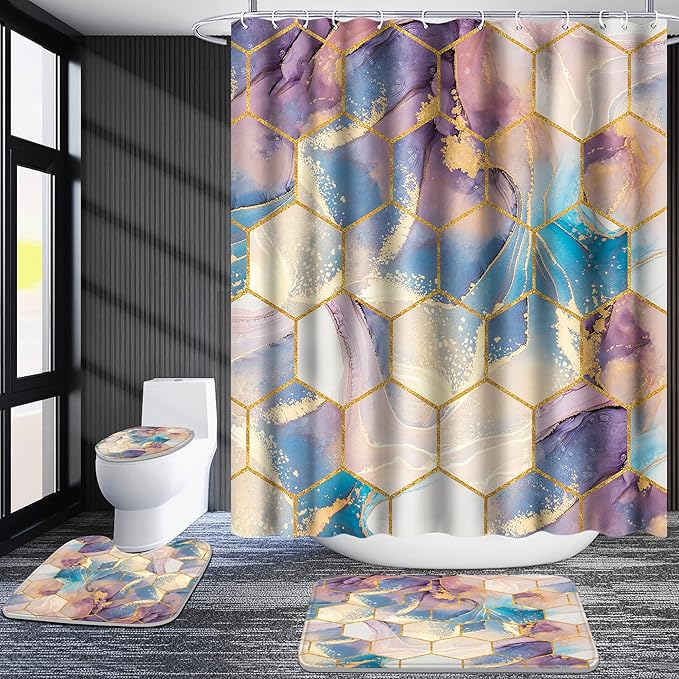 Poedist Shower Curtain Set with Rugs,Bathroom Accessory Set, Including Non-Slip Rugs,Toilet Lid Cover and Bath Mat, Waterproof Shower Curtain with 12 Hooks,Ink Quicksand-Yellow