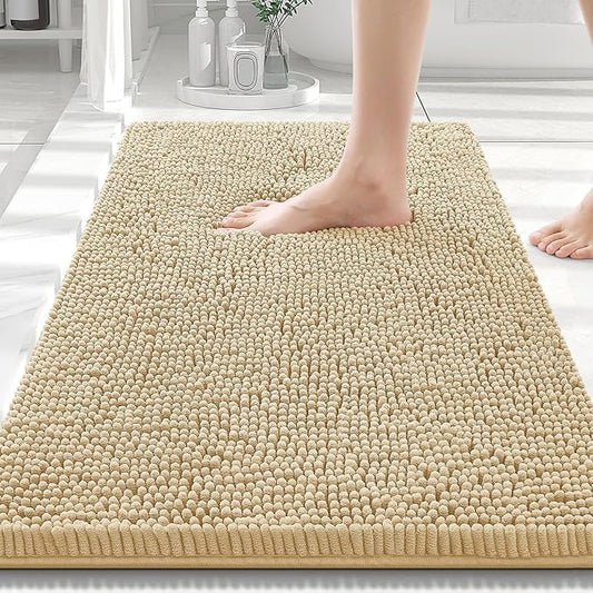 Smiry Luxury Chenille Bathroom Rugs 30x20, Extra Soft and Absorbent Shaggy Bath Mat, Machine Washable, Non-Slip Plush Carpet Runner for Tub, Shower, and Floor, Home Decor Accessories, Beige