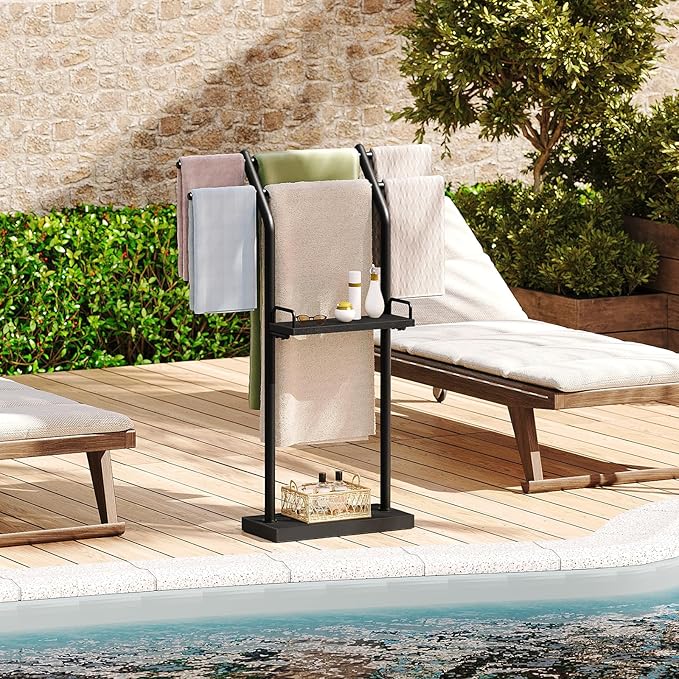 YATINEY Free Standing Towel Rack, Taller Double-T Shape Bath Sheet Holder for Bathroom, Floor Blanket Holder Stand with Weighted Base, 4-Tier Towel Storage Rack, for Living Room, Balcony, Black CJ20BB