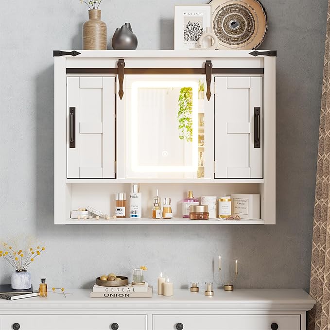 Bathroom Medicine Cabinet with Mirror, Wall Mounted Medicine Cabinet with Color Adjustment LED Lights, Mirrored Over The Toilet Storage Cabinet with Sliding Barn Door & 2 Adjustable Shelf,White