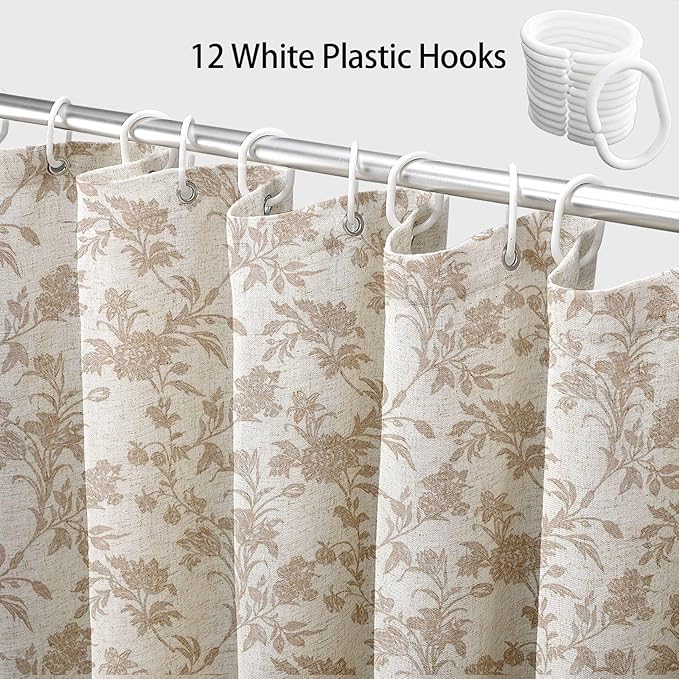 Extra Long Beige Shower Curtain Floral Cotton Linen Cottagecore Shower Curtain for Bathroom 90" L x 72" W