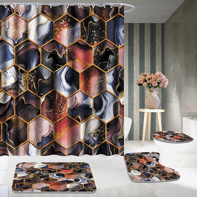 Poedist 4 Pcs Bathroom Shower Curtain Set,Purple Honeycomb Marble Bathroom Sets with Rugs(Bath Mat,U Shape and Toilet Lid Cover Mat) and 12 Durable Hooks