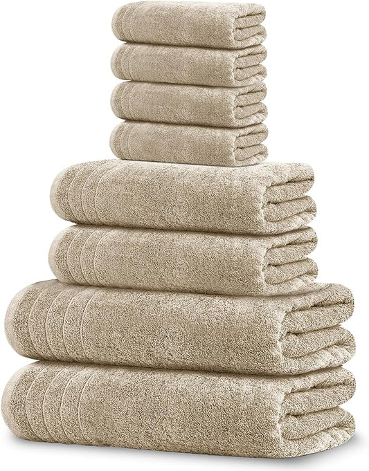 Tens Towels Pack of 8 Towels Set, 2 Extra Large Bath, 2 Hand, 4 Washcloths, 100% Cotton, Lighter Weight, Quicker to Dry, Super Absorbent, Perfect for Bathroom, Beige