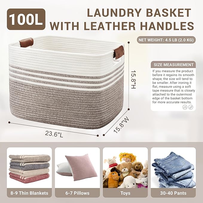 100L Extra Large Laundry Basket with Leather Handles for Living Room Storage,Woven Rope Baskets for Blanket,Kids Toy,Gifts,Wicker Hamper for Bedroom Dirty Clothes,24"x16"x14" Dark Brown