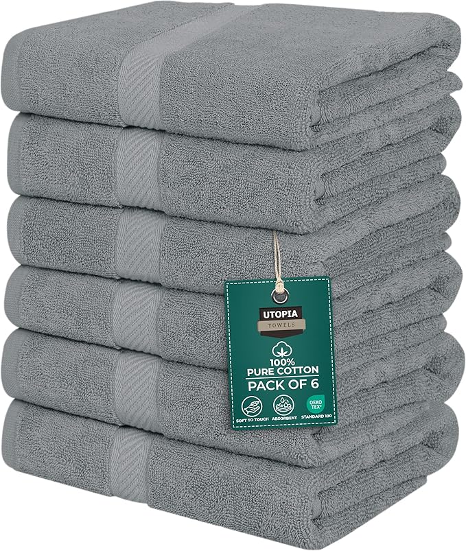 Utopia Towels 6 Pack Small Bath Towel Set, 22 by 44 Inches, 500 GSM 100% Ring Spun Cotton, Lightweight and Highly Absorbent Quick Drying Premium Towels for Hotel, Spa and Bathroom, Cool Grey