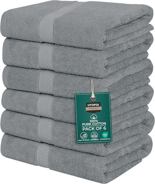 Utopia Towels 6 Pack Small Bath Towel Set, 22 by 44 Inches, 500 GSM 100% Ring Spun Cotton, Lightweight and Highly Absorbent Quick Drying Premium Towels for Hotel, Spa and Bathroom, Cool Grey